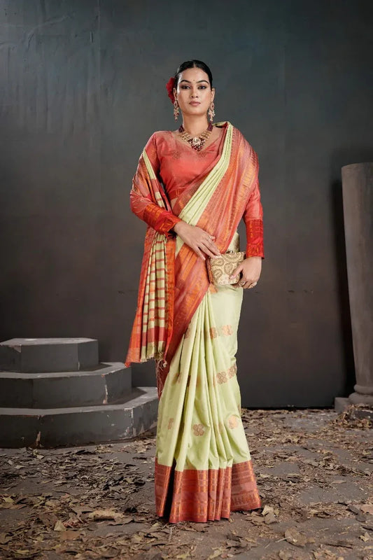 Light Green Silk Saree with Rust Red Contrast Pallu