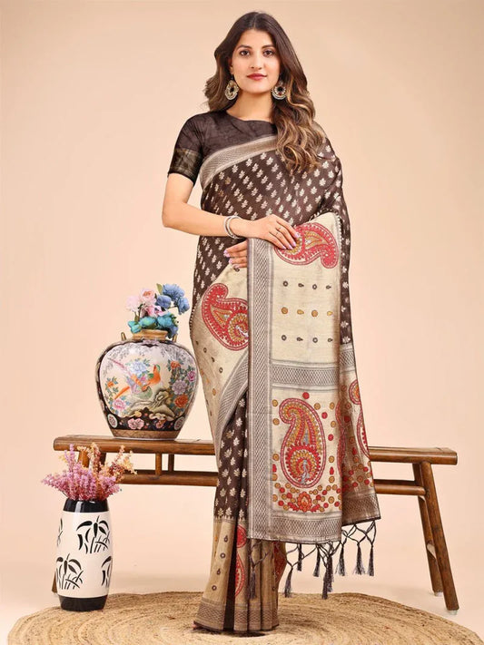 Brown Linen Cotton Saree With Blouse Piece