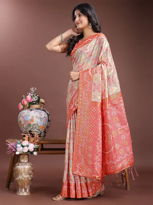 Brown Linen Cotton Saree with Blouse Piece