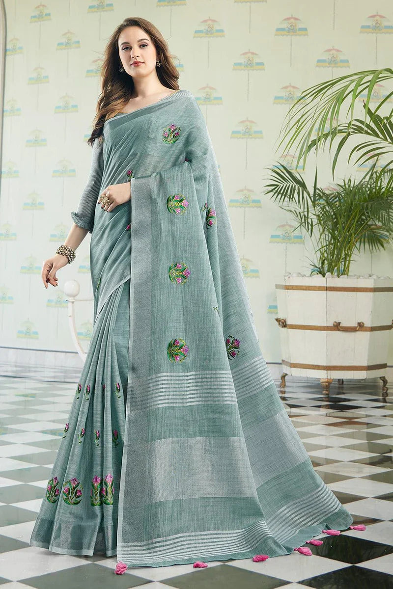 Abalone Grey Linen Blend Saree
