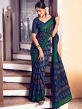 Blue and Green Mulmul Cotton Saree with Blouse Piece