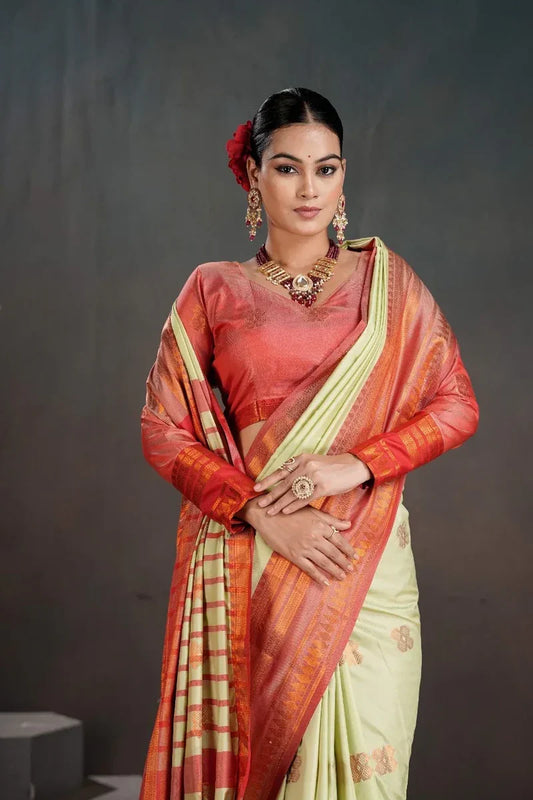 Light Green Silk Saree with Rust Red Contrast Pallu