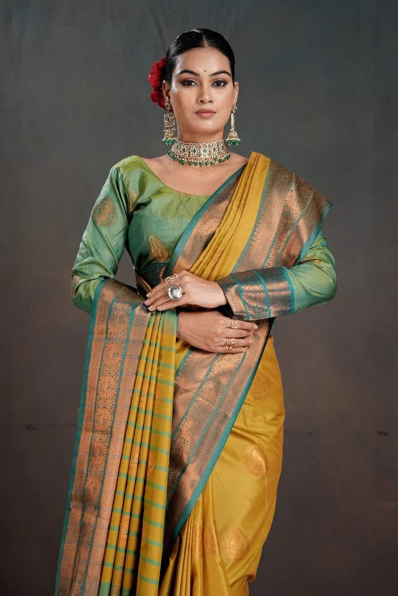 Green Silk Brocade Blouse with Woven Motifs