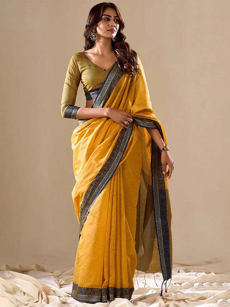 Yellow Cotton Festive Wear Saree With Blouse Piece