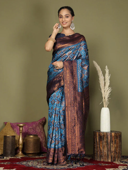 Sky Blue Lichi Silk Saree with Blouse Piece