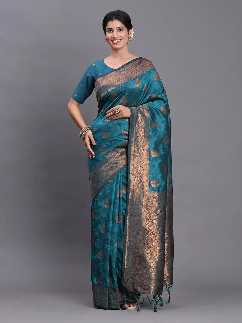 Teal Blue Silk Saree with Blouse Piece