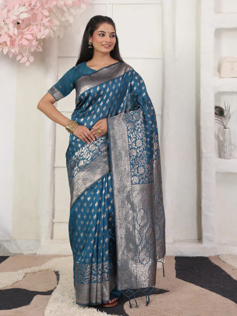 Blue Lichi Silk Saree with Blouse Piece