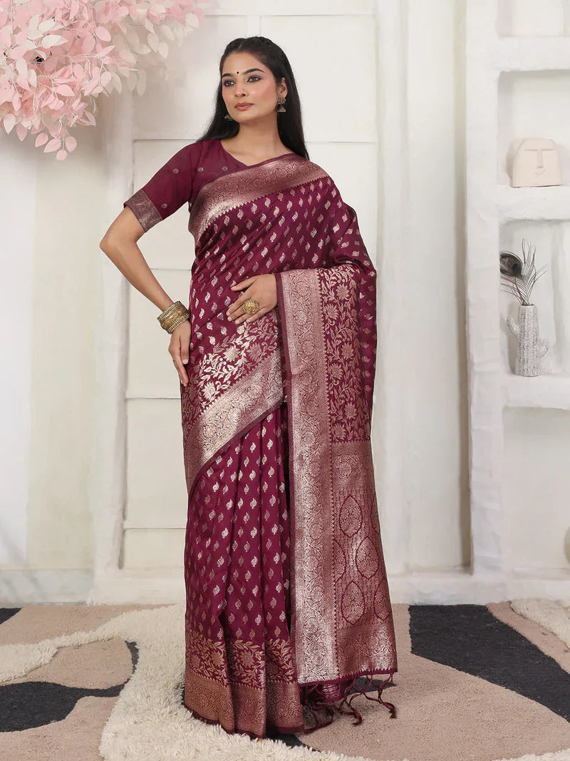 Premium Wine Lichi Silk Saree Ensemble