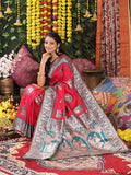 Red Paithani Silk Saree with Teal Border & Blouse Piece