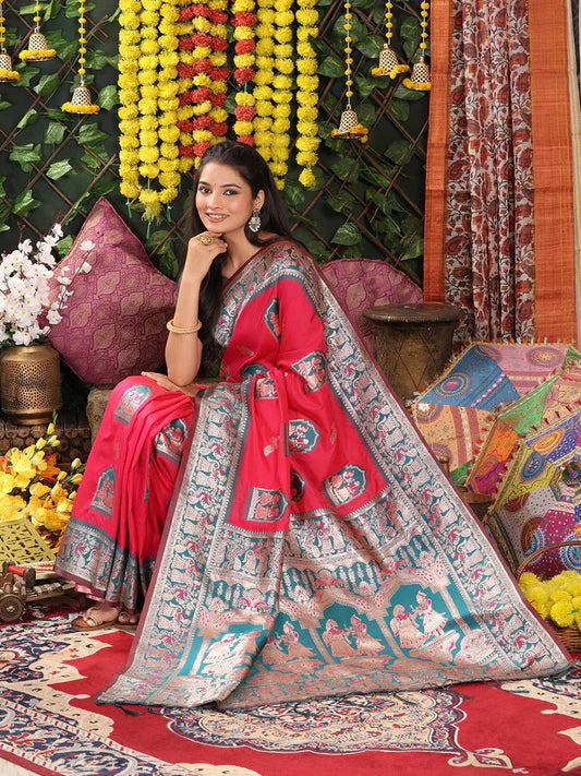 Red Paithani Silk Saree with Teal Border & Blouse Piece