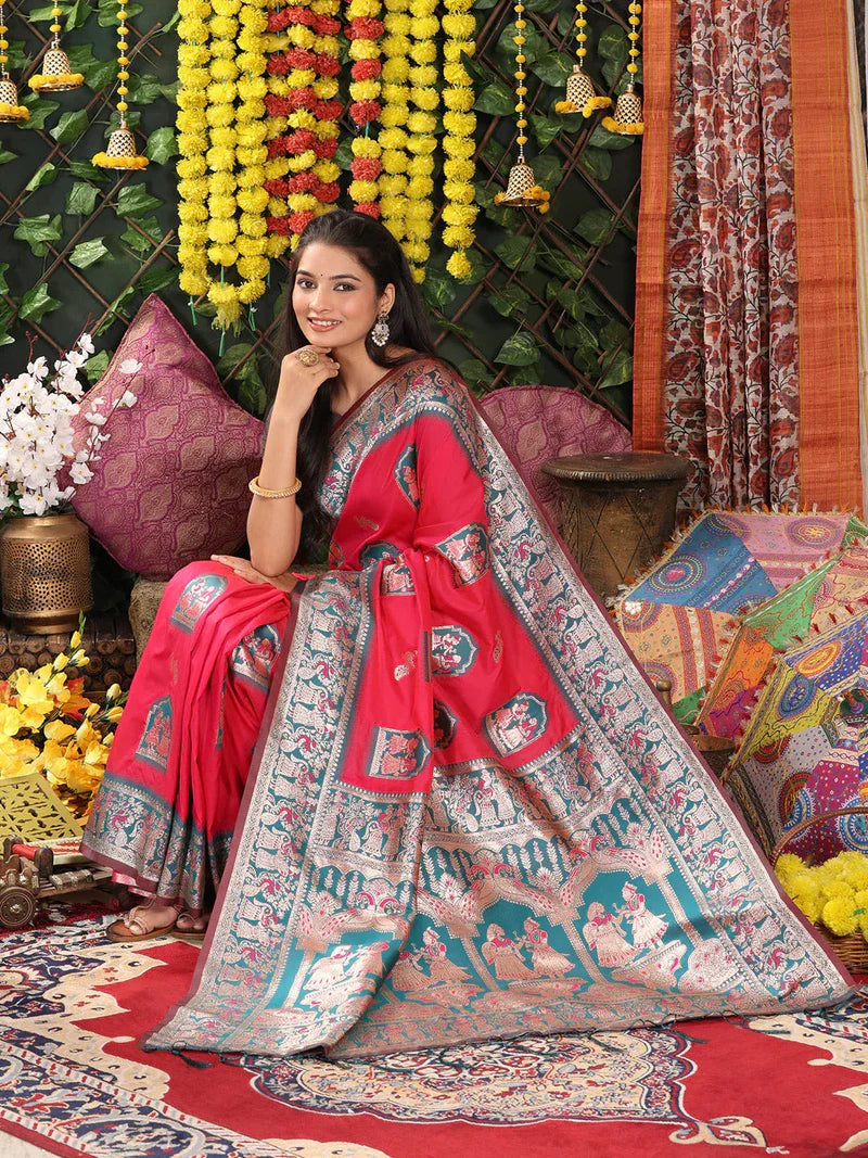 Red Paithani Silk Saree with Teal Border & Blouse Piece