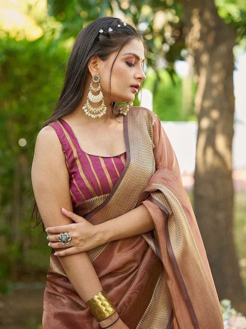 Brown Tissue Saree with Blouse Piece