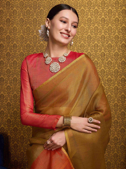 Elegant Gold Linen Festive Saree Set