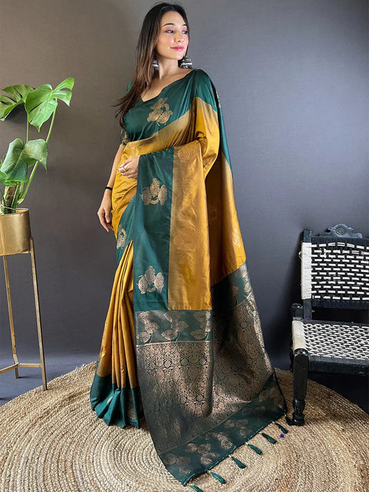 Mehandi Green & Golden Yellow Soft Silk Saree Set