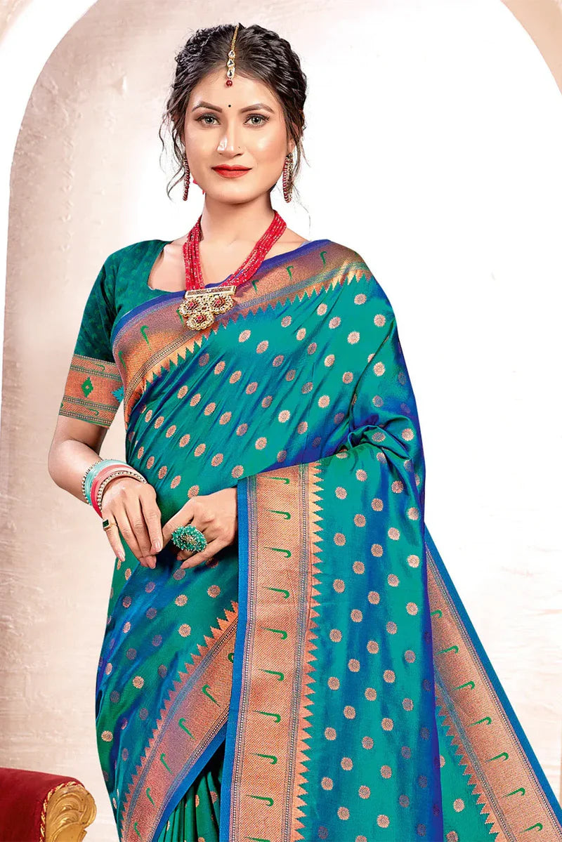 Turquoise Paithani Silk Saree with Blouse Piece