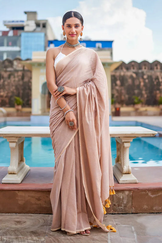 Sand Beige Mulmul Cotton Saree