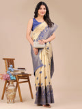 Elegant Cream and Navy Blue Banarasi Silk Saree Set