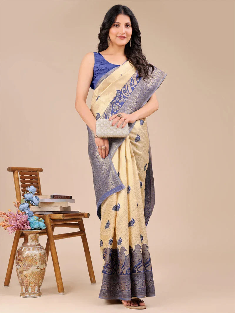 Elegant Cream and Navy Blue Banarasi Silk Saree Set