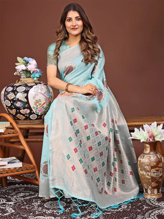 Sky Blue Linen Cotton Saree With Blouse Piece