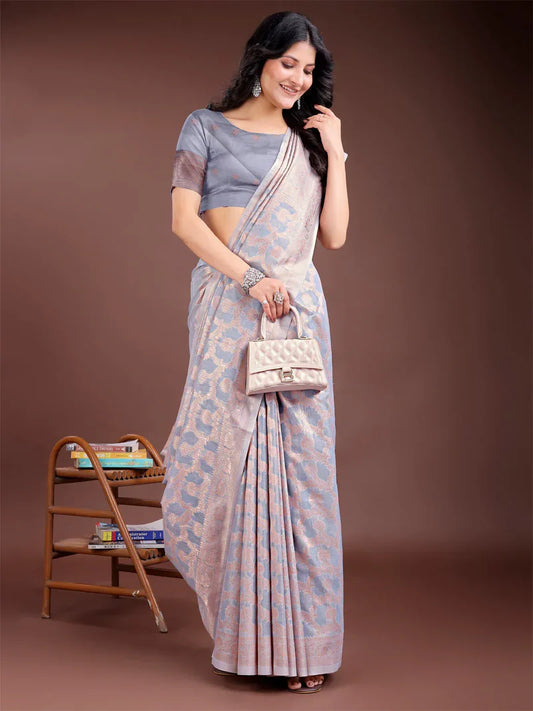 Grey Linen Cotton Saree with Blouse Piece