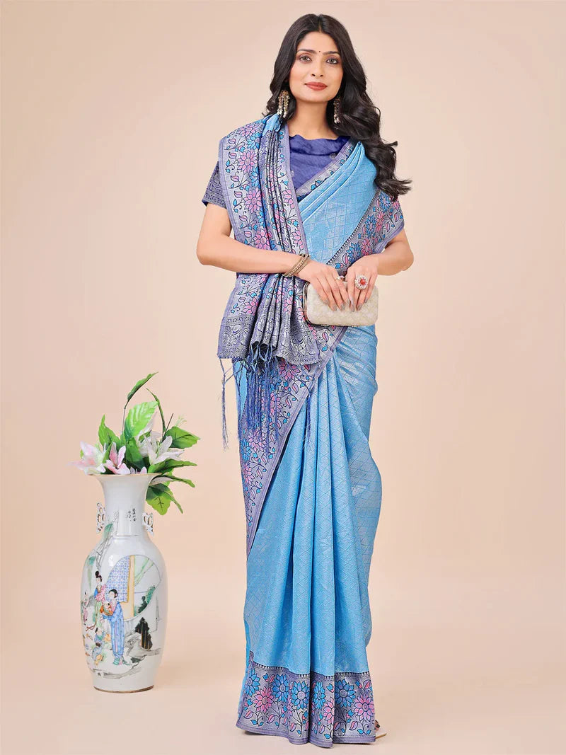 Sky Blue Lichi Silk Saree with Blouse Piece