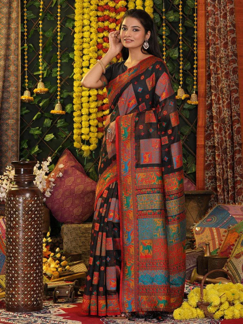 Black Linen Cotton Saree With Blouse Piece