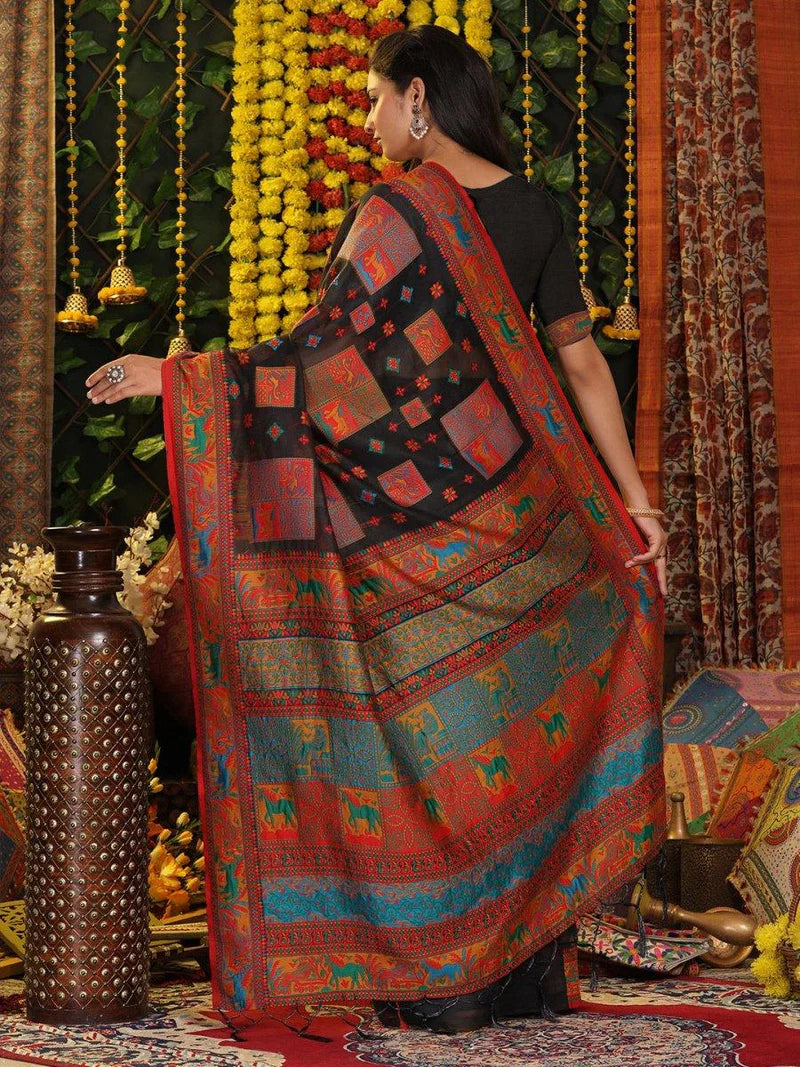 Black Linen Cotton Saree With Blouse Piece