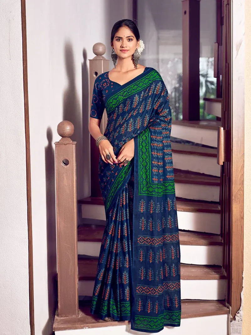 Blue and Green Mulmul Cotton Saree with Blouse Piece