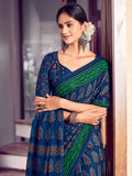 Blue and Green Mulmul Cotton Saree with Blouse Piece