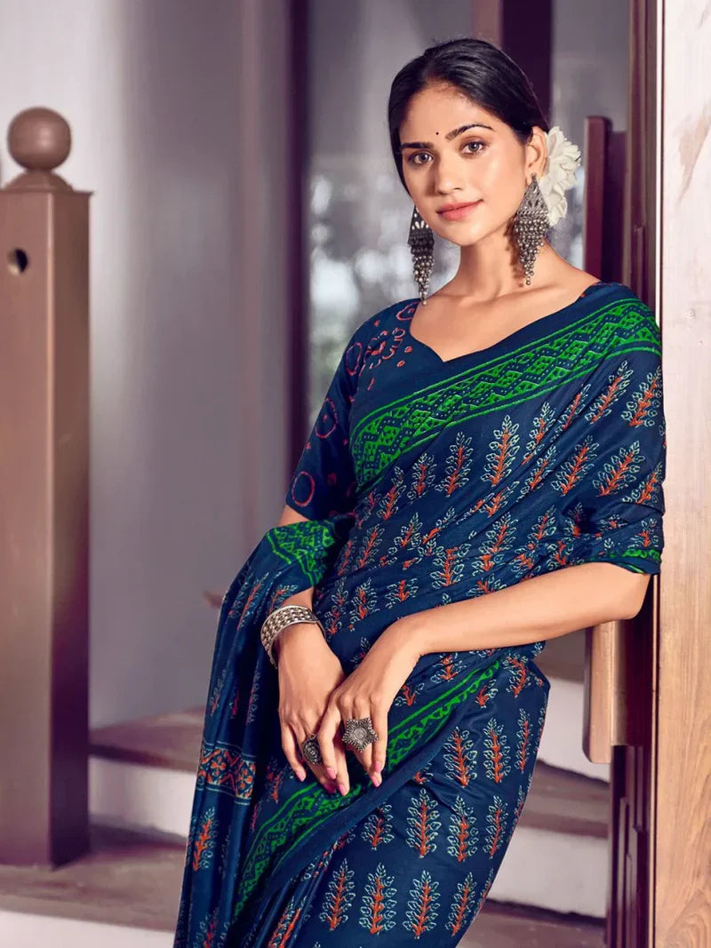 Blue and Green Mulmul Cotton Saree with Blouse Piece