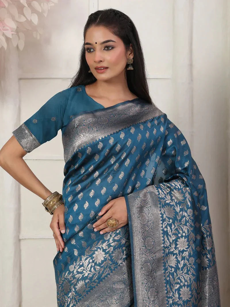 Blue Lichi Silk Saree with Blouse Piece