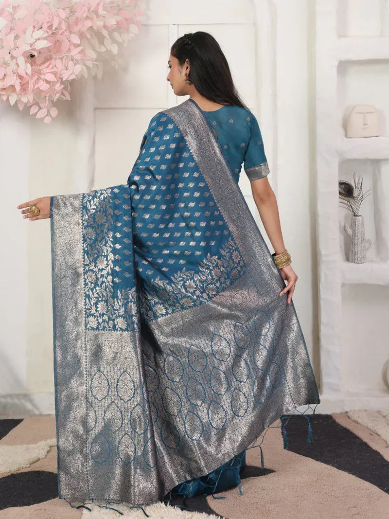 Blue Lichi Silk Saree with Blouse Piece