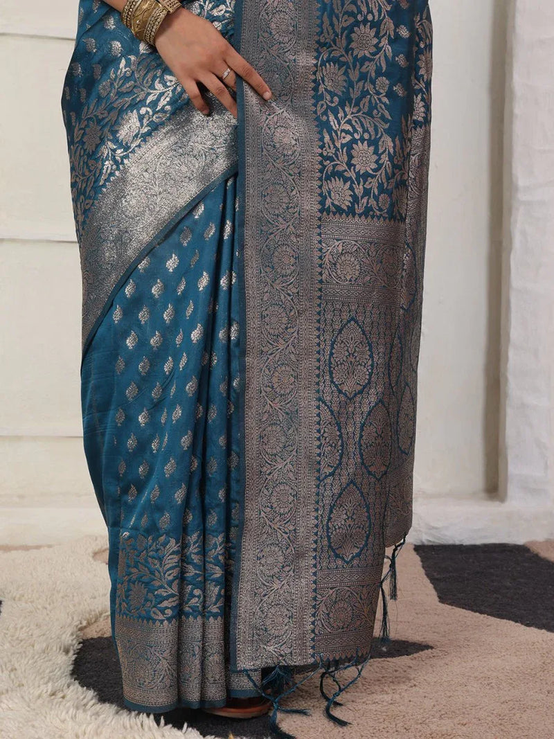 Blue Lichi Silk Saree with Blouse Piece