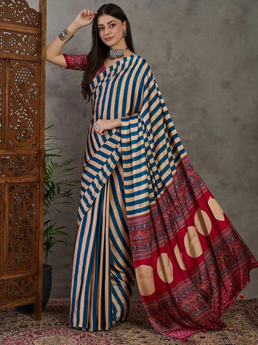 Blue Semi Modal Saree with Blouse Piece