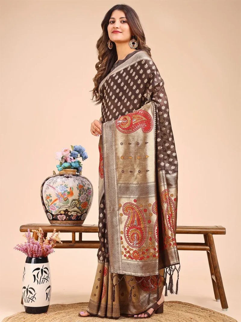 Brown Linen Cotton Saree With Blouse Piece