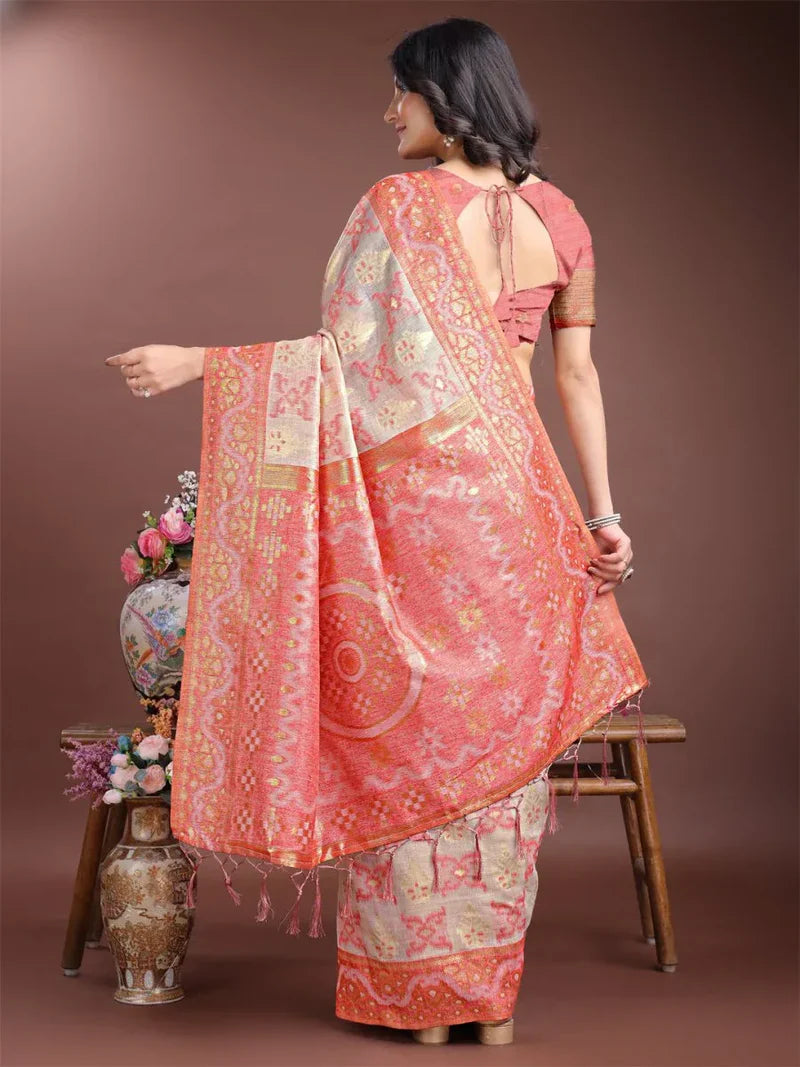 Brown Linen Cotton Saree with Blouse Piece