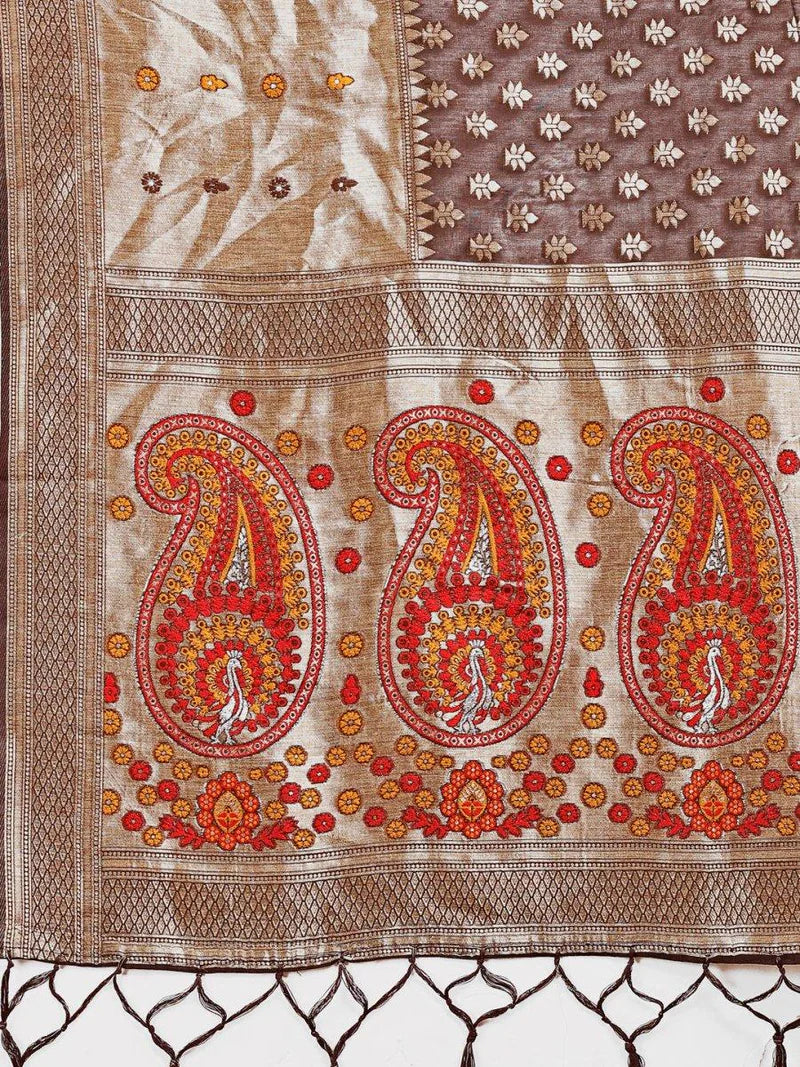 Brown Linen Cotton Saree With Blouse Piece