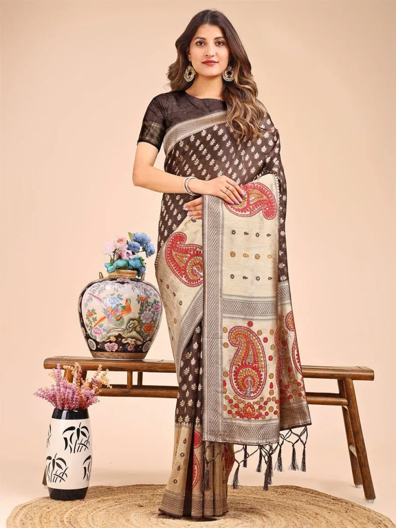 Brown Linen Cotton Saree With Blouse Piece