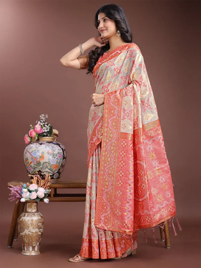 Brown Linen Cotton Saree with Blouse Piece