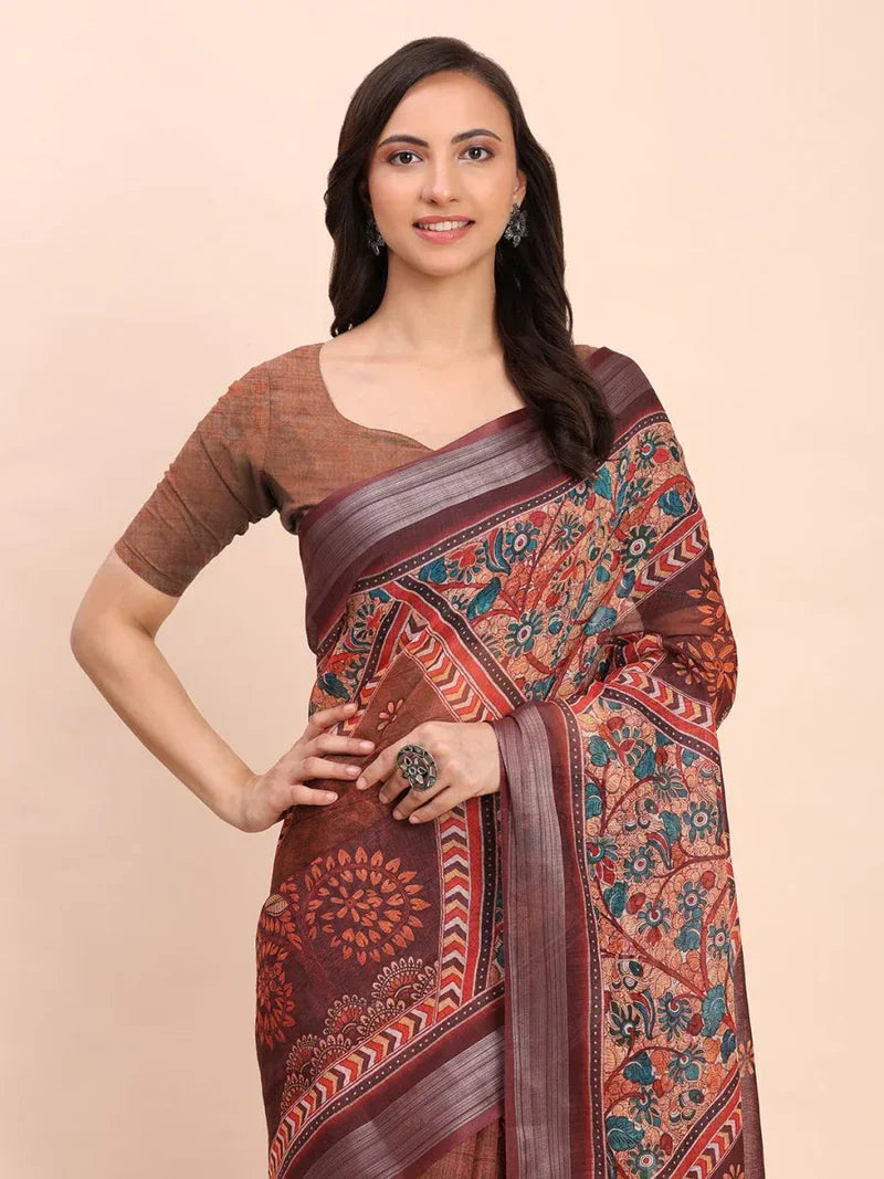 Brown Sanskrit Prints Linen Cotton Saree with Blouse Piece