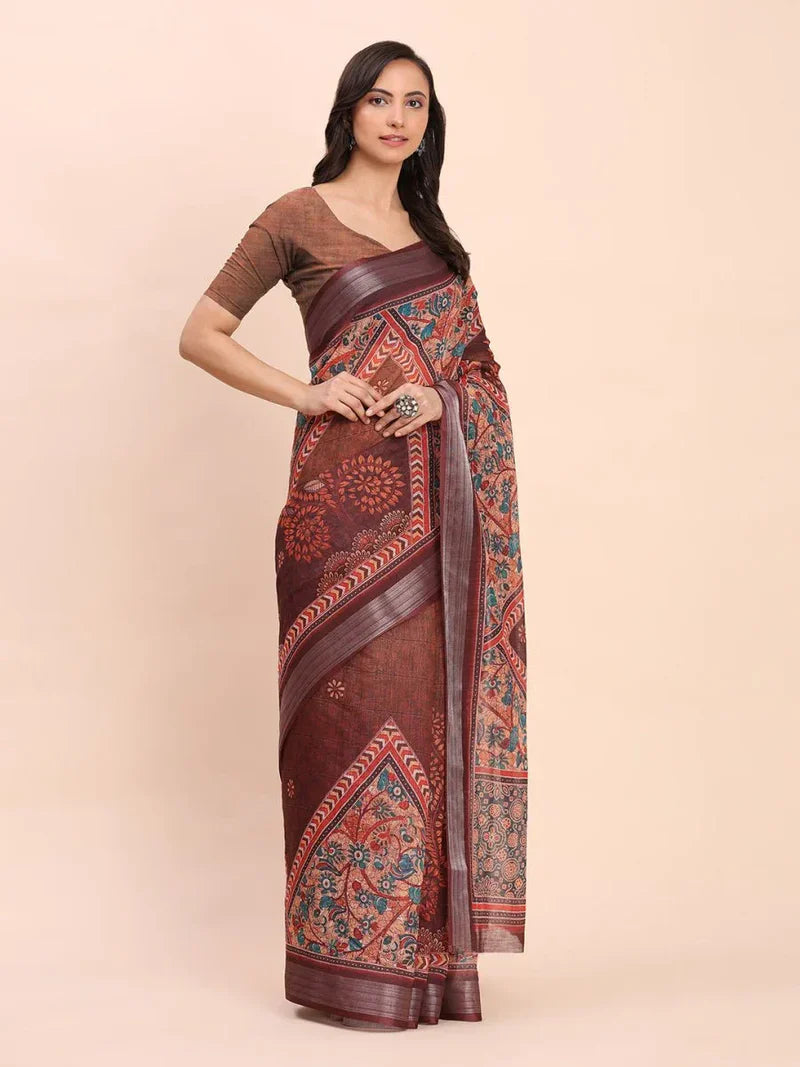 Brown Sanskrit Prints Linen Cotton Saree with Blouse Piece
