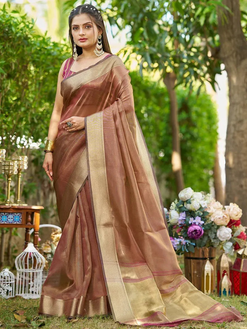 Brown Tissue Saree with Blouse Piece