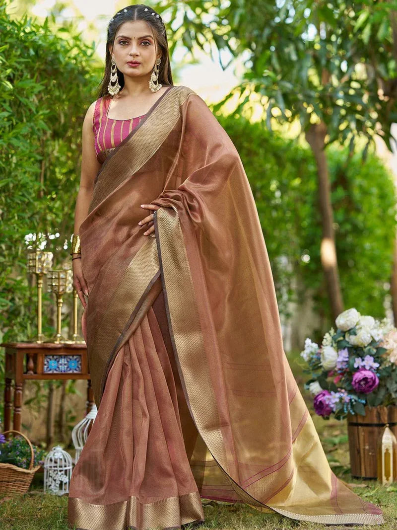Brown Tissue Saree with Blouse Piece