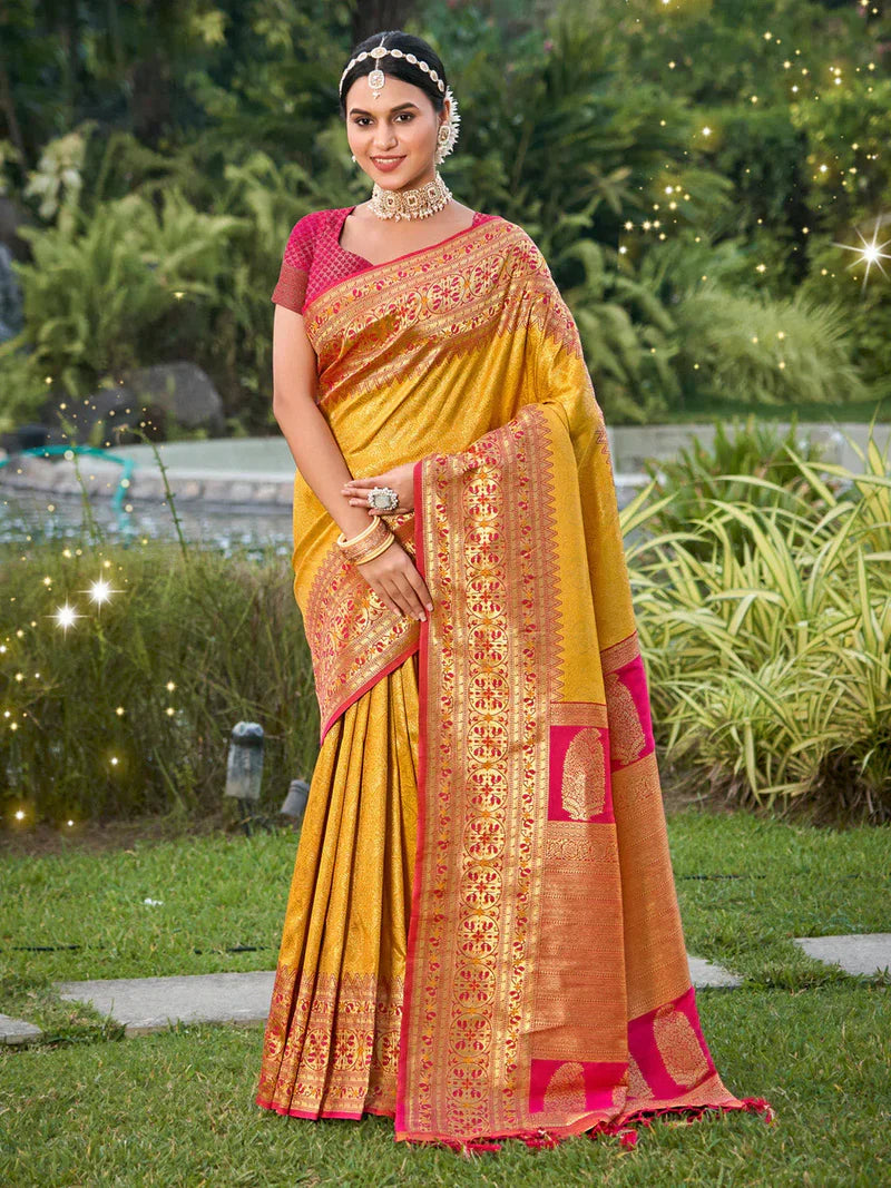 Elegant Yellow Banarasi Silk Saree Set