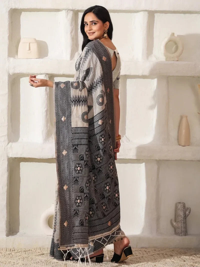 Cream Linen Cotton Saree with Blouse Piece