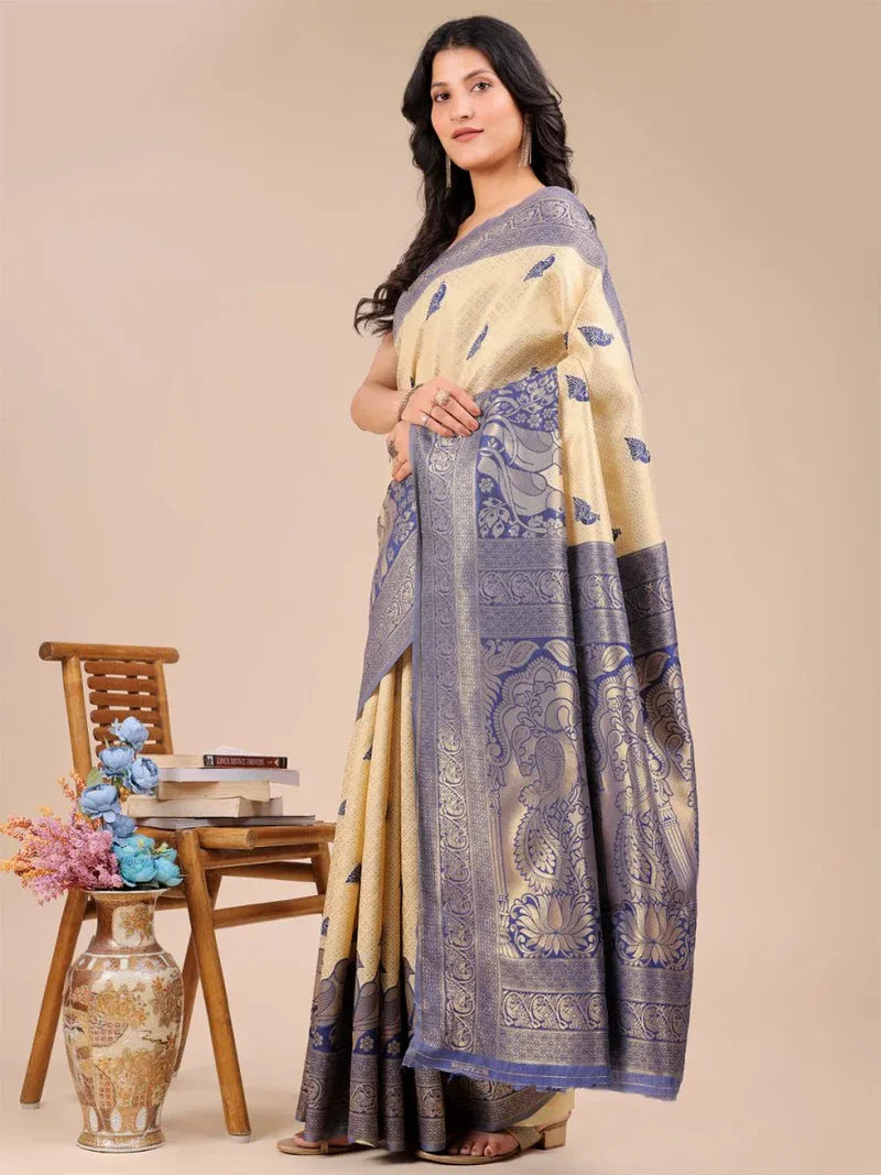 Elegant Cream and Navy Blue Banarasi Silk Saree Set