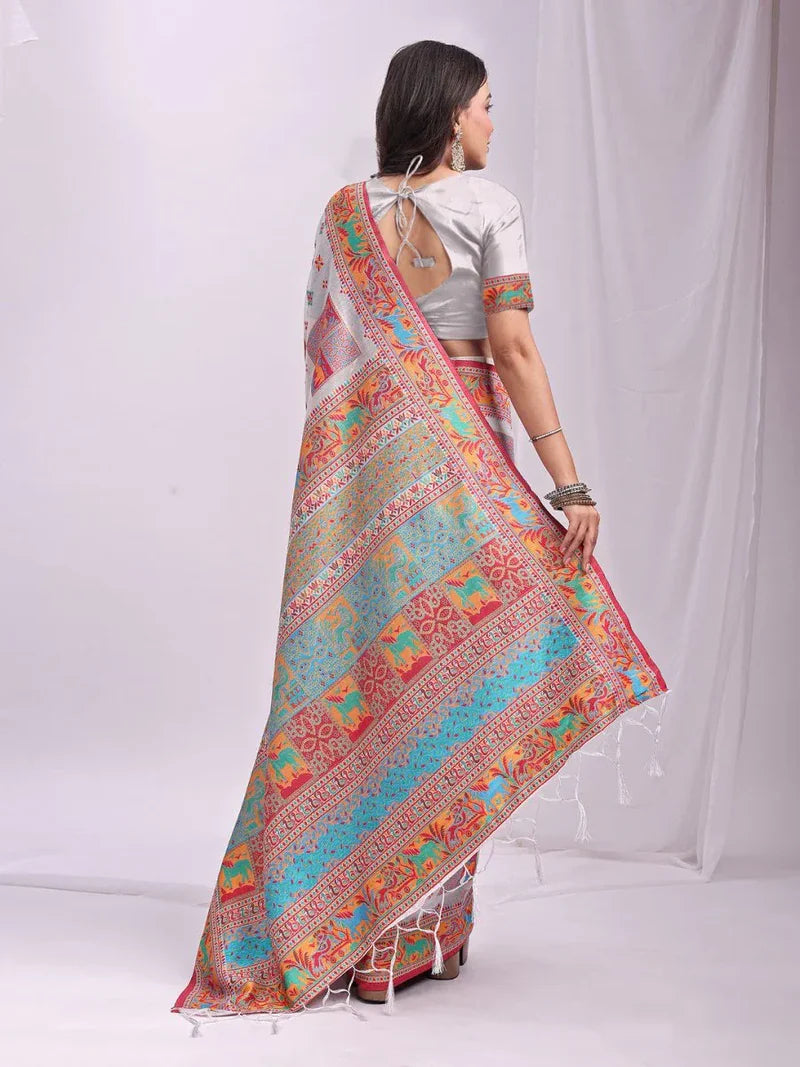 Elegant Cream and Navy Blue Banarasi Silk Saree Set