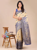Elegant Cream and Navy Blue Banarasi Silk Saree Set