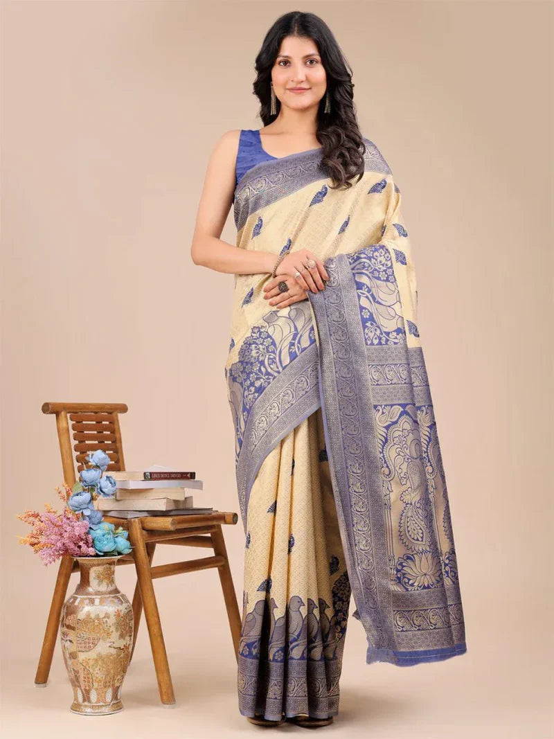 Elegant Cream and Navy Blue Banarasi Silk Saree Set