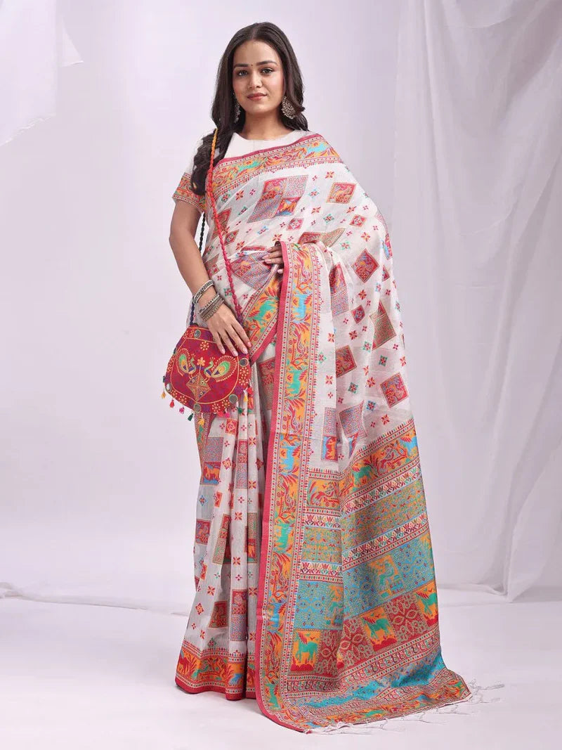 Elegant Cream and Navy Blue Banarasi Silk Saree Set